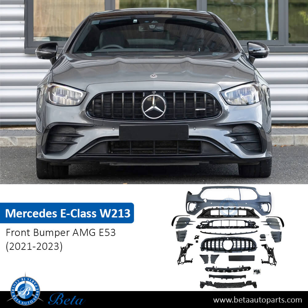 Mercedes E-Class W213 (2021-2023), Front Bumper AMG E53 with Radiator Grille GT Look with Park Assist, Taiwan, 2138857704 Mercedes E-Class W213 (2021-2023), Front Bumper AMG E53 with Radiator Grille GT Look with Park Assist, Taiwan, 2138857704